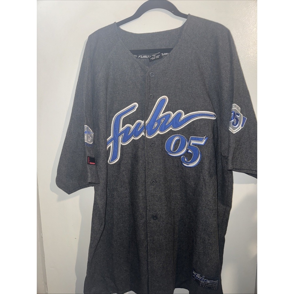 Y2K FUBU 05 Wool Baseball Jersey Grey Blue Embroidered Mens XL 2000s Hip Hop